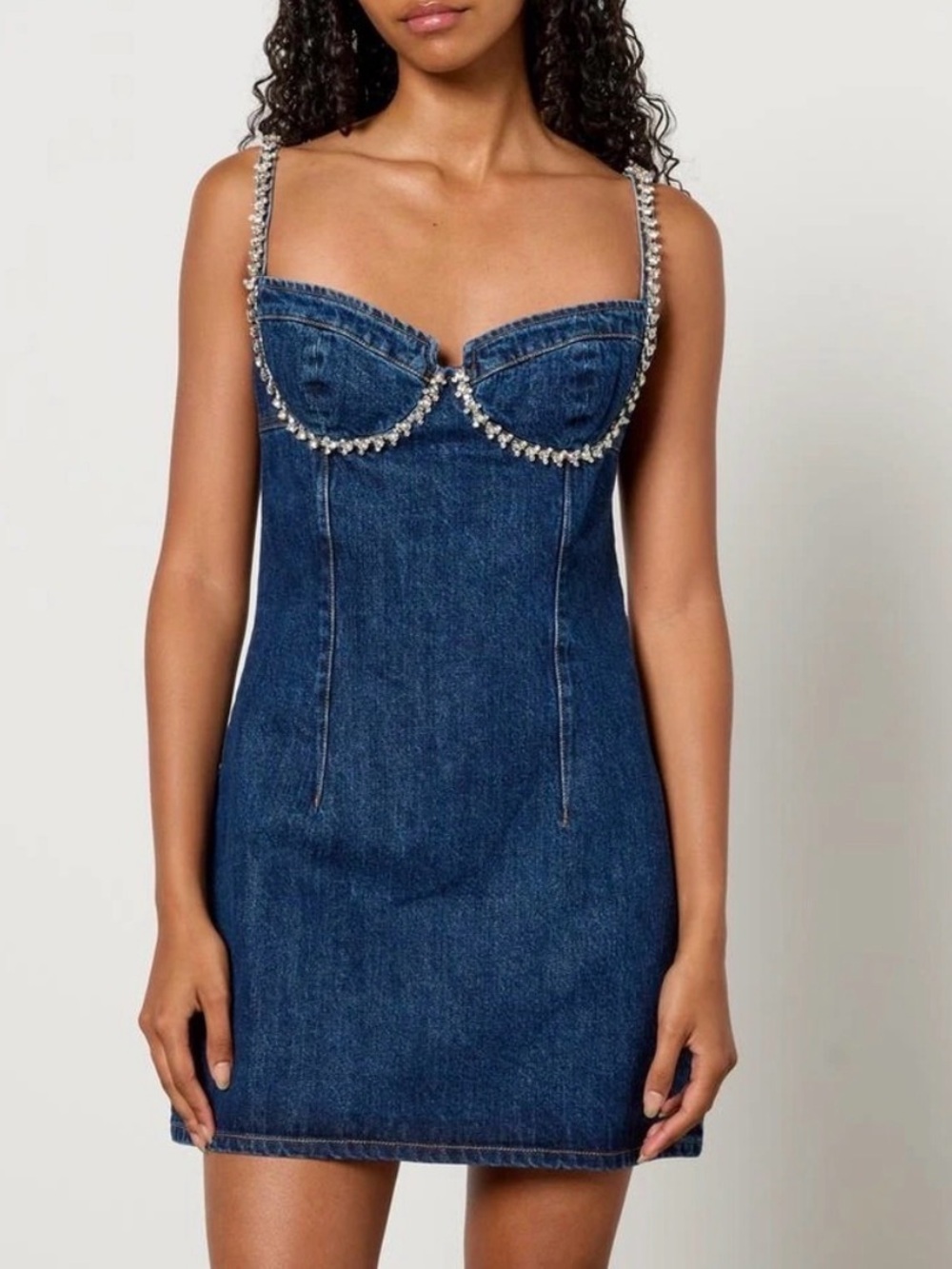 Self portrait- Denim Blue Embellished Bustier Mini Dress - Women Jeans